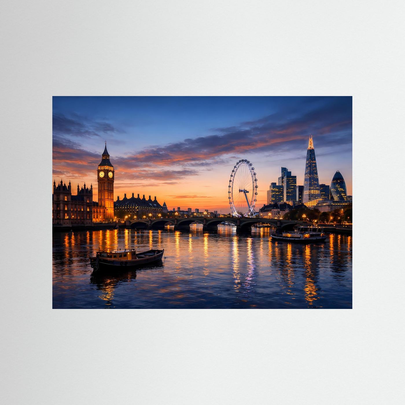 Querformatiges Poster: Londoner Skyline bei Sonnenuntergang, mit blauem Rand