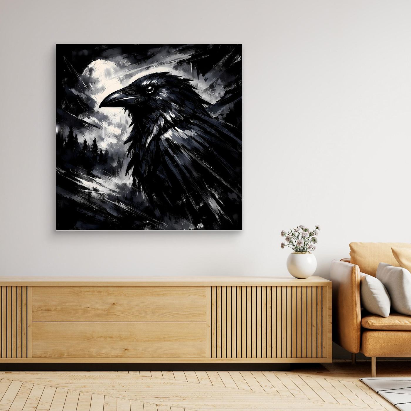 Quadratisches Leinwandbild mit schwarzem Rabenmotiv und silbernen Mondwolken, schwarz gerahmt