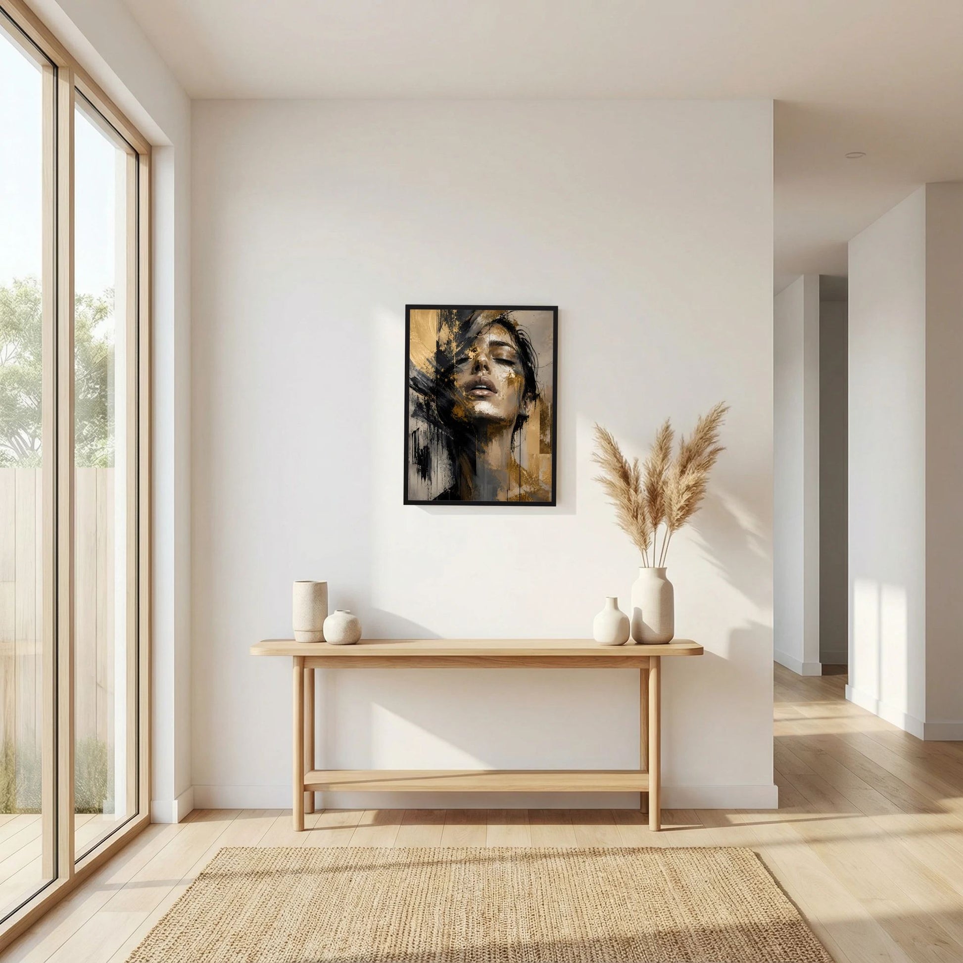 Gerahmtes Poster mit abstraktem Frauenporträt in Gold und Schwarz, Hochformat, klarer Frontblick