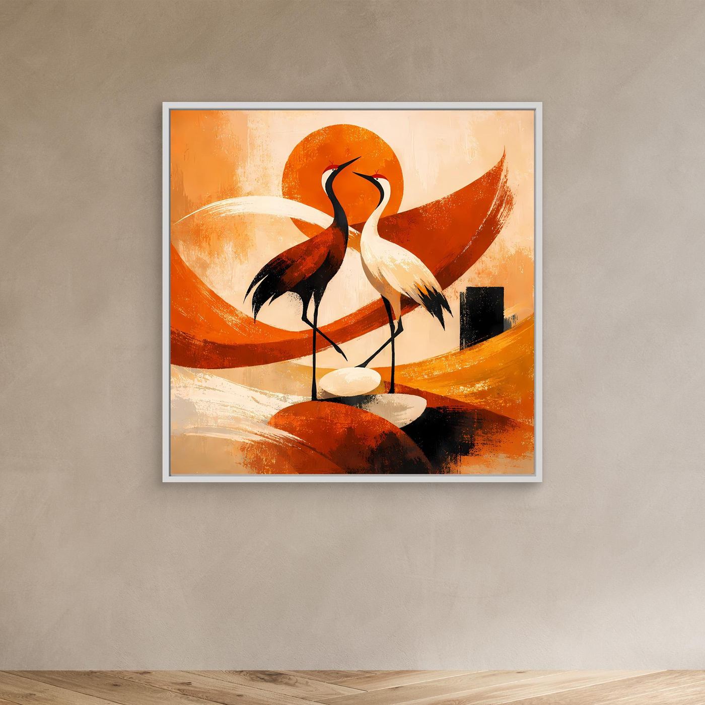 Silbergrau gerahmtes Leinwand-Wandbild mit zwei Kranichen, orangefarbene Sonne, Rot-Orange.