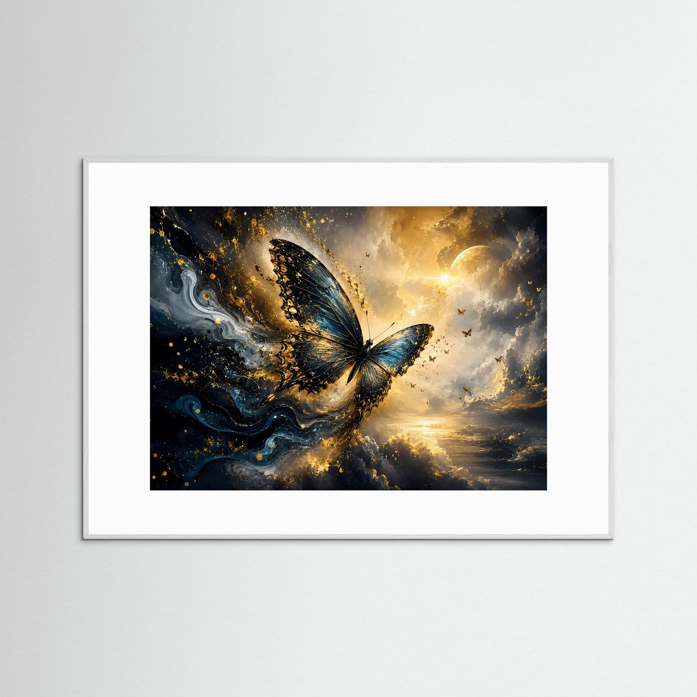 Blauer Schmetterling Poster | Mystische Schmetterling Wandkunst | Goldene Abstrakte Fantasy Kunst | Elegantes Modernes Wandbild