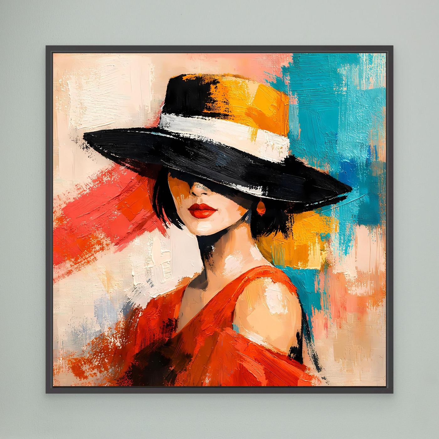 Framed canvas wall art of a woman in a black hat with red dress and blue accents