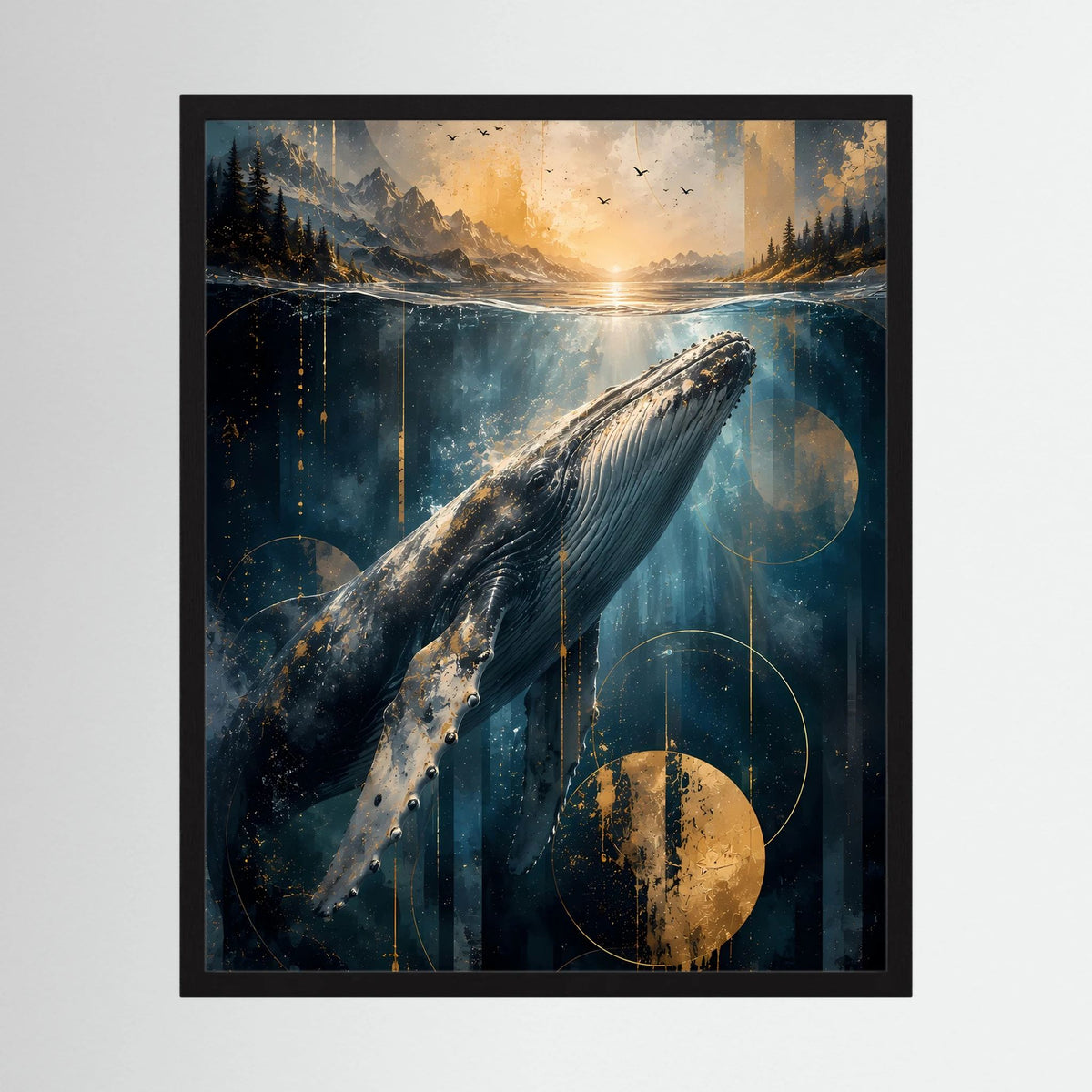 Gerahmtes Poster mit Wal unter Wasser, blaue und goldene Ozeanlandschaft