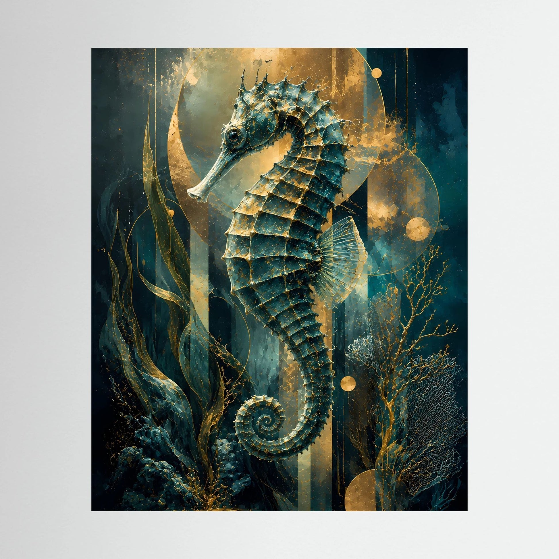 Poster im Hochformat mit Seepferdchen, petrolblauem Körper und goldenen Mustern