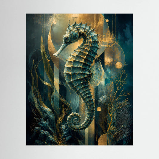 Poster im Hochformat mit Seepferdchen, petrolblauem Körper und goldenen Mustern