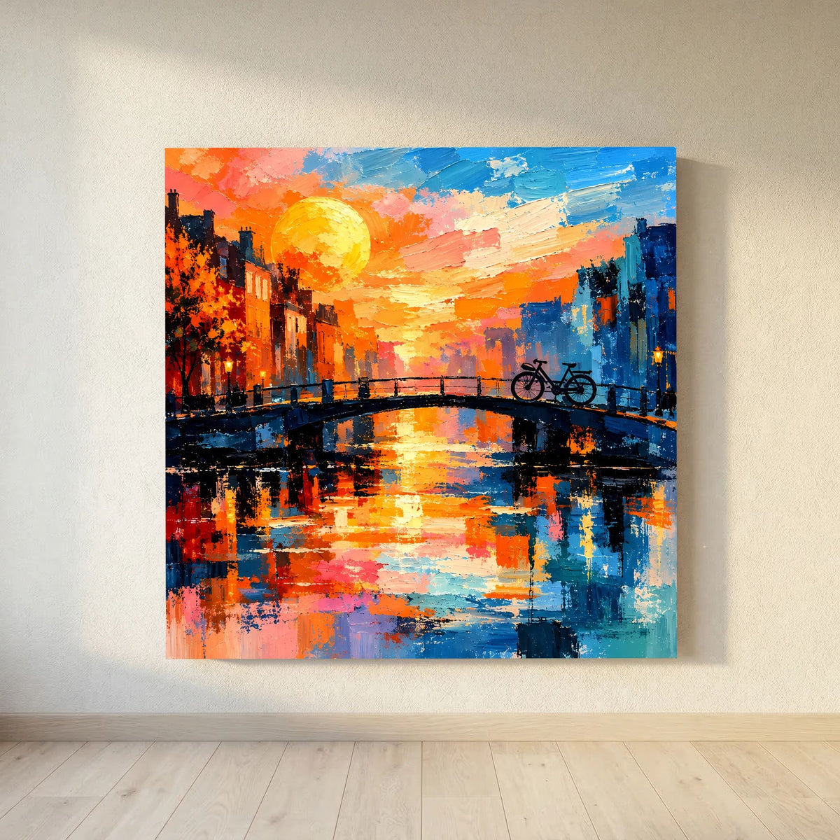 Leinwand Abstraktes Amsterdam Gemälde | Modernes Romantisches Grachten Wandbild mit Fahrrad