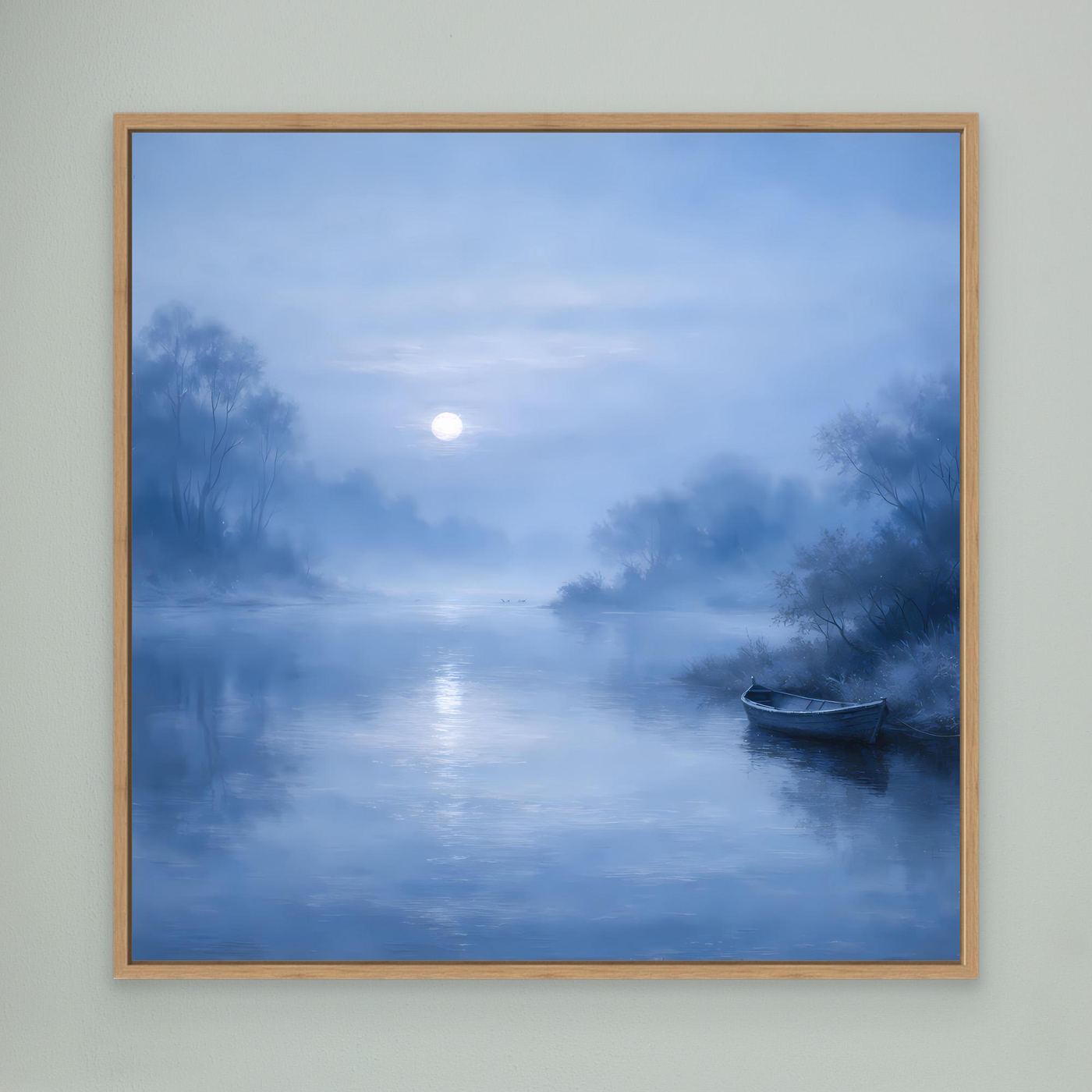 Wandbild mit blauem Fluss bei Mondlicht, Nebel und Boot; Rahmen aus hellem Holz