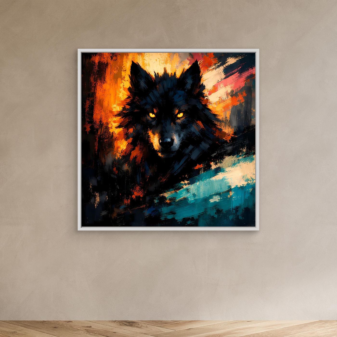 Wandbild mit abstraktem Wolf im Feuerlicht, dunkles Fell, weißer Rahmen, orange und türkis