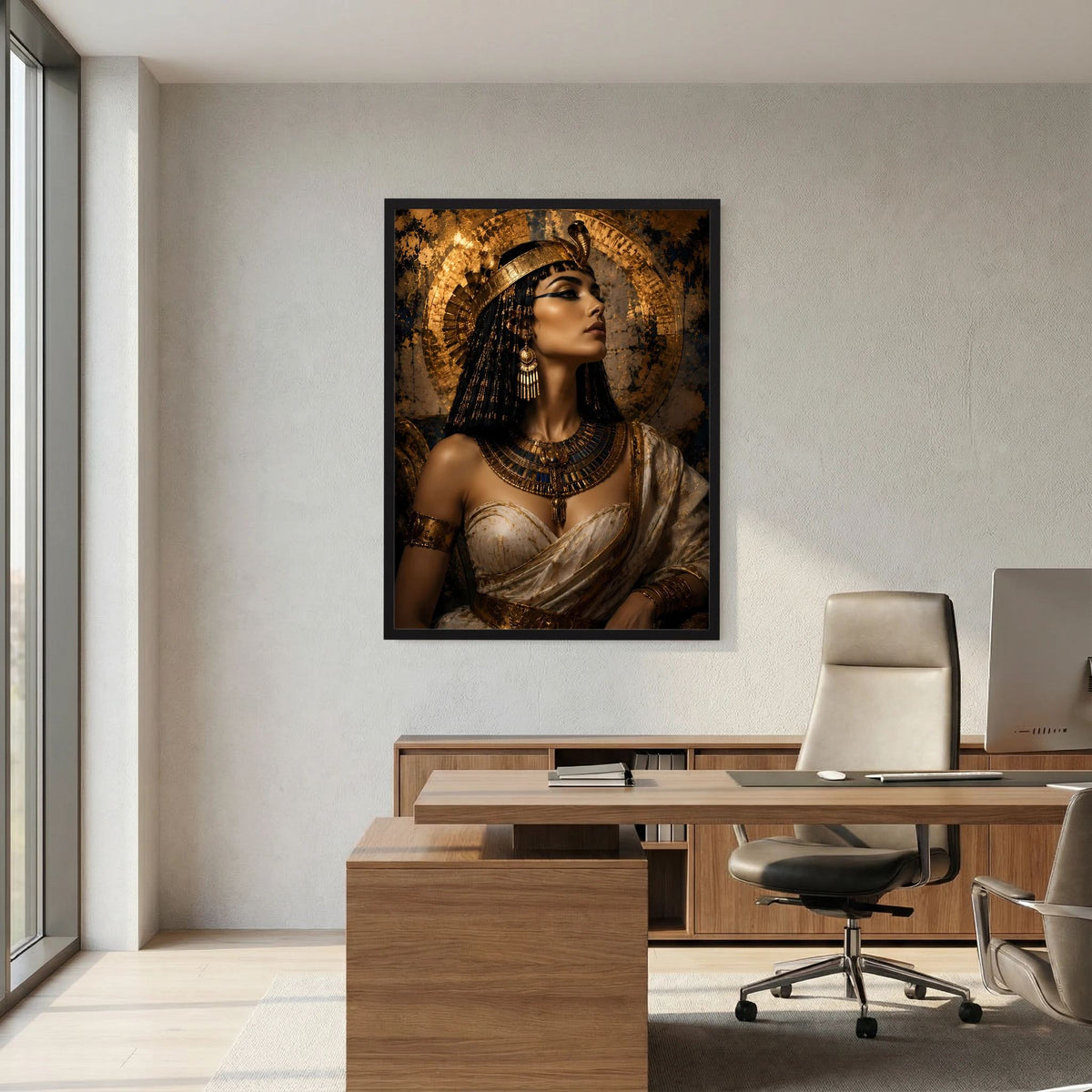 Poster im Hochformat: Porträt einer ägyptischen Königin in Gold vor dunklem Hintergrund, schwarzer Rahmen
