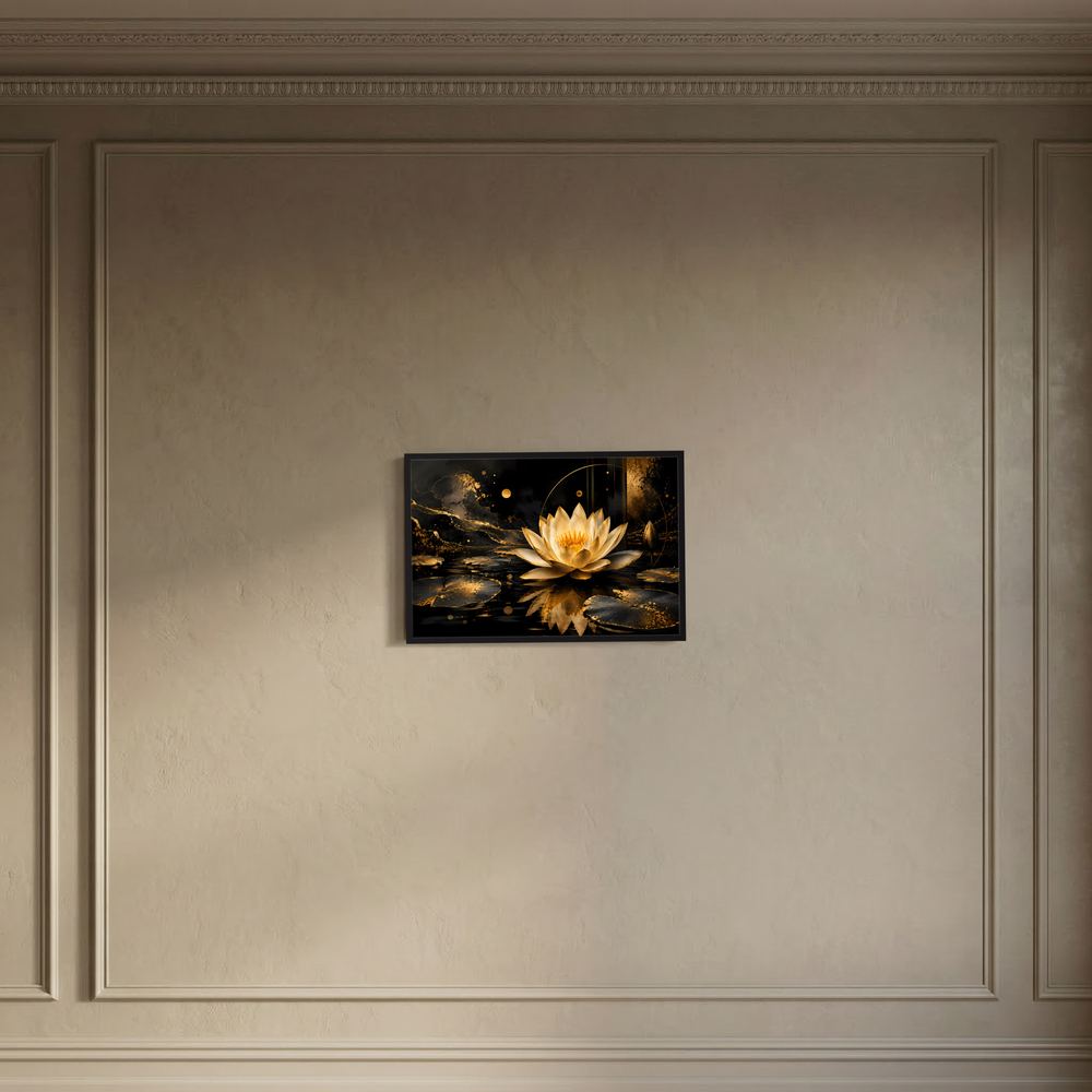 Kleines gerahmtes Querformat-Wandbild: goldene Lotusblüte auf dunklem Wasser