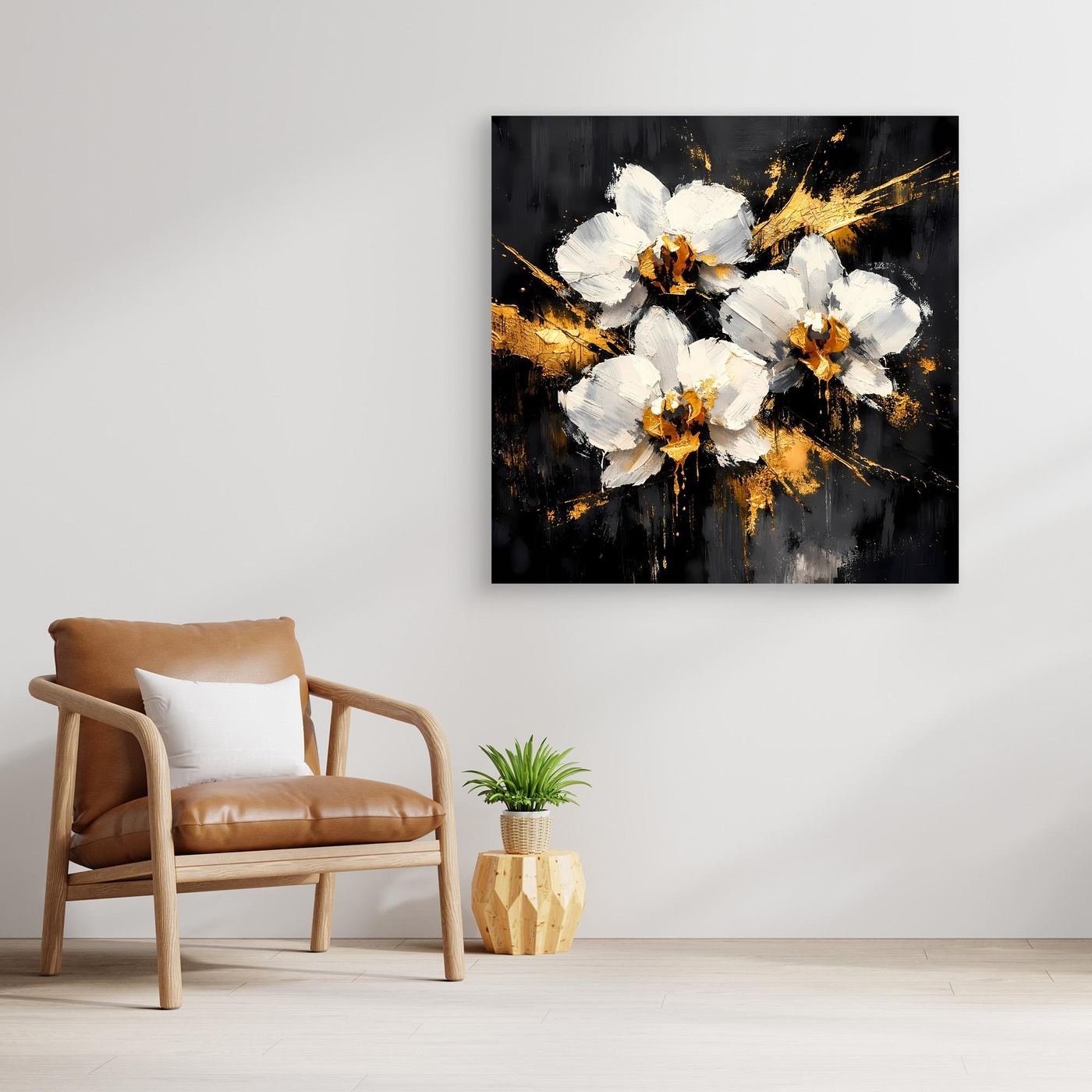 Leinwand Elegante Orchideen in Weiß und Gold | Modernes Abstraktes Blumen Wandbild
