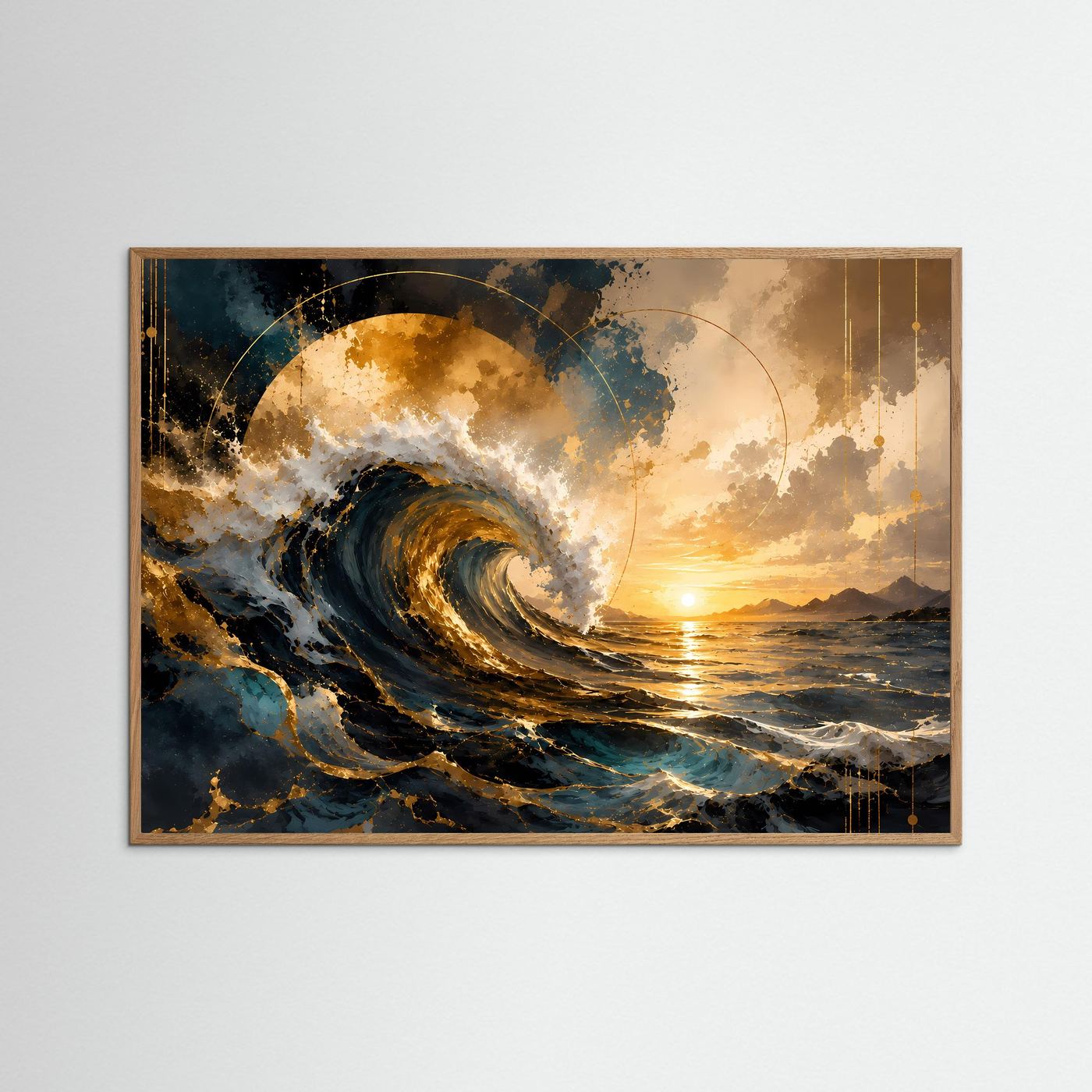 Meerwellen-Poster: blaue und goldene Welle mit Sonnenuntergang, Querformat, brauner Rahmen