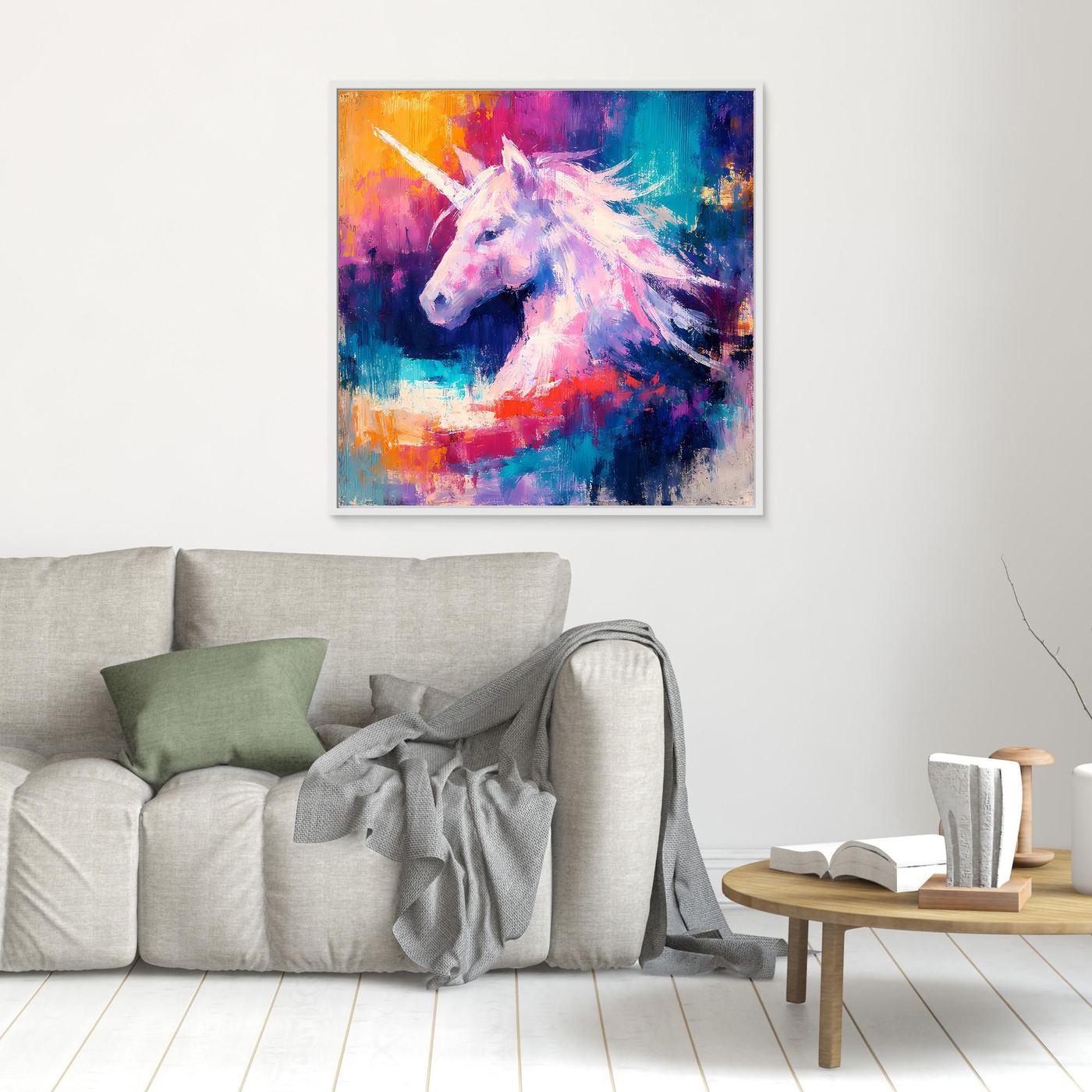 Leinwand Elegantes Einhorn im Farbenmeer | Abstraktes Fantasy & Pastell Wandbild