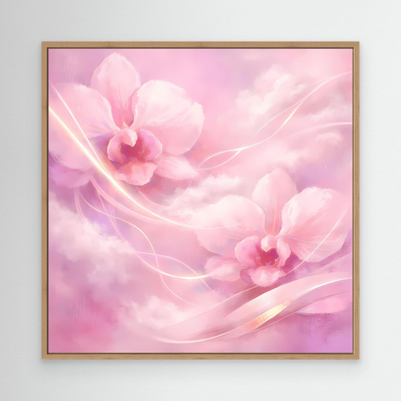 Leinwandbild mit rosafarbenen Orchideen, abstrakten Blütenlinien und Eichenrahmen