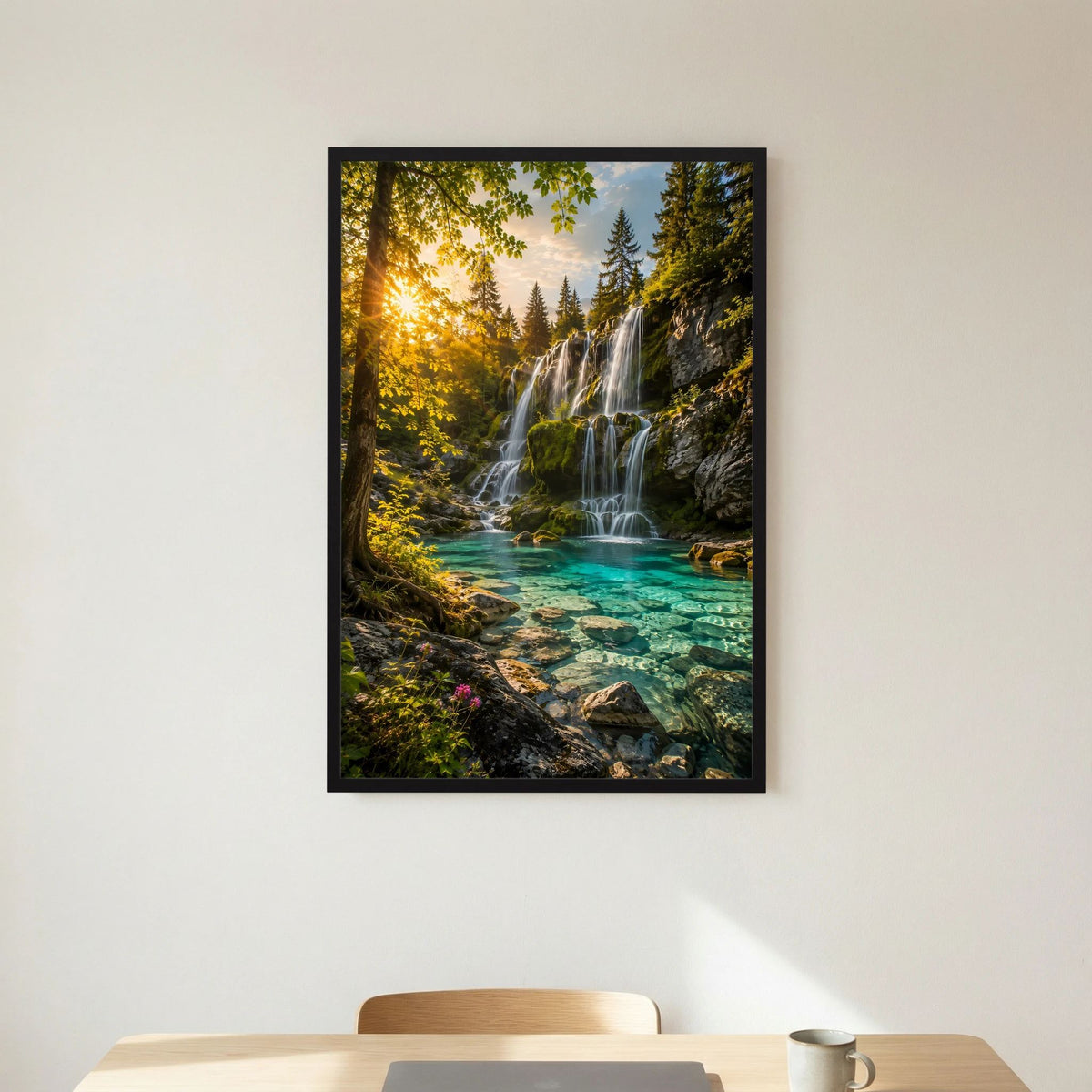 Wasserfall-Poster mit schwarzem Rahmen, türkisfarbenes Wasser, Sonnenlicht im Wald