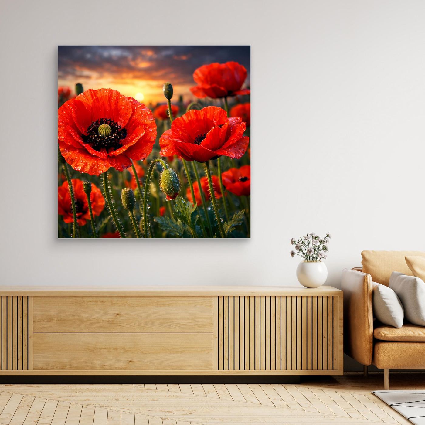 Gerahmtes Leinwand-Wandbild mit roten Mohnblüten und Abendhimmel