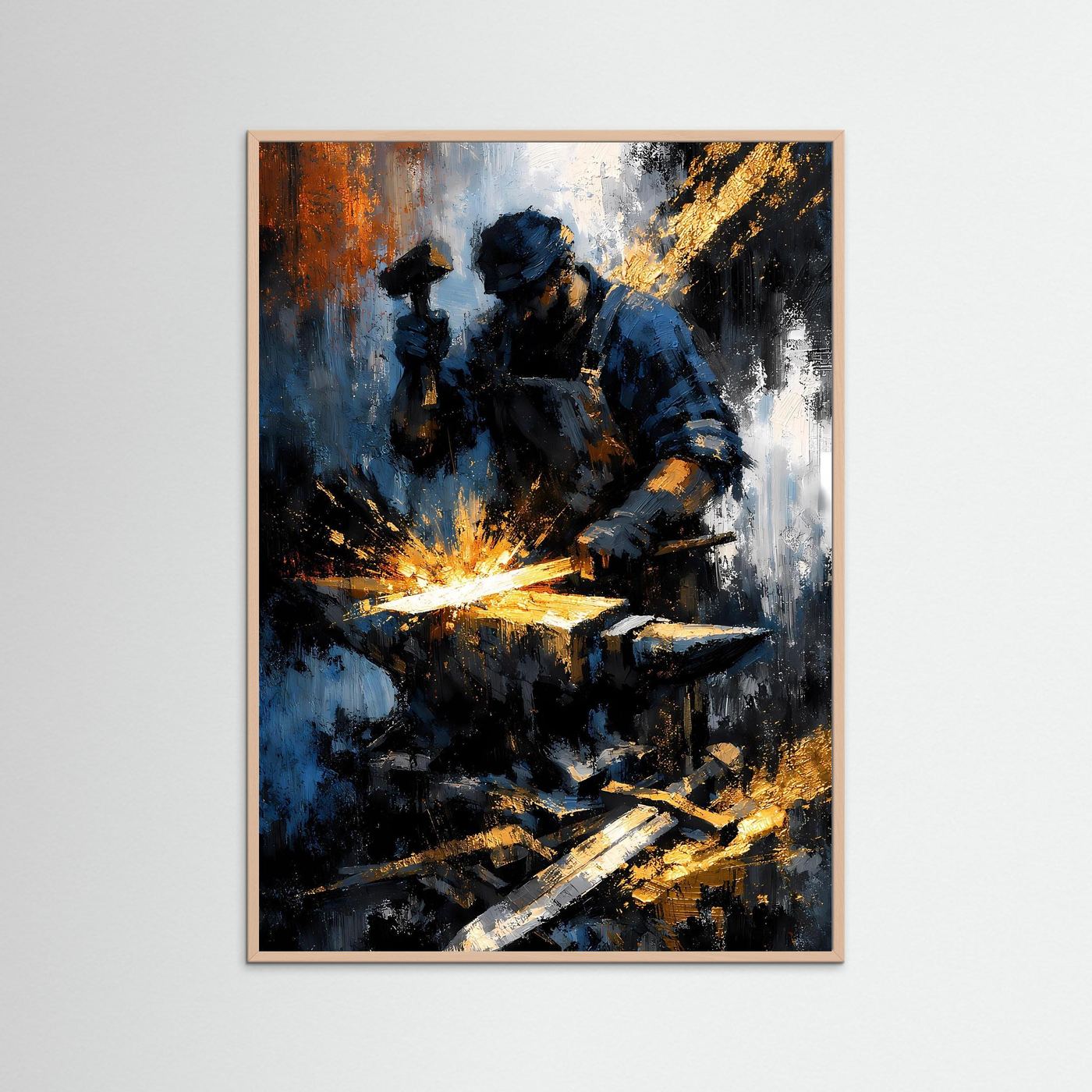 Gerahmtes Hochformat-Kunstposter mit Roséholzrahmen: Schmied mit Funken, blau-gold