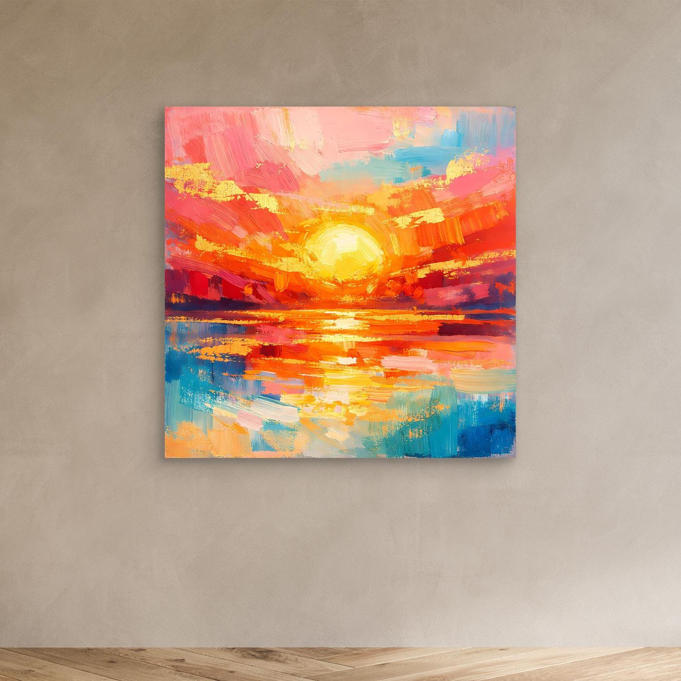 Leinwandbild abstraktes Meer mit aufgehender Sonne, ungerahmt, kräftige Farbflecken