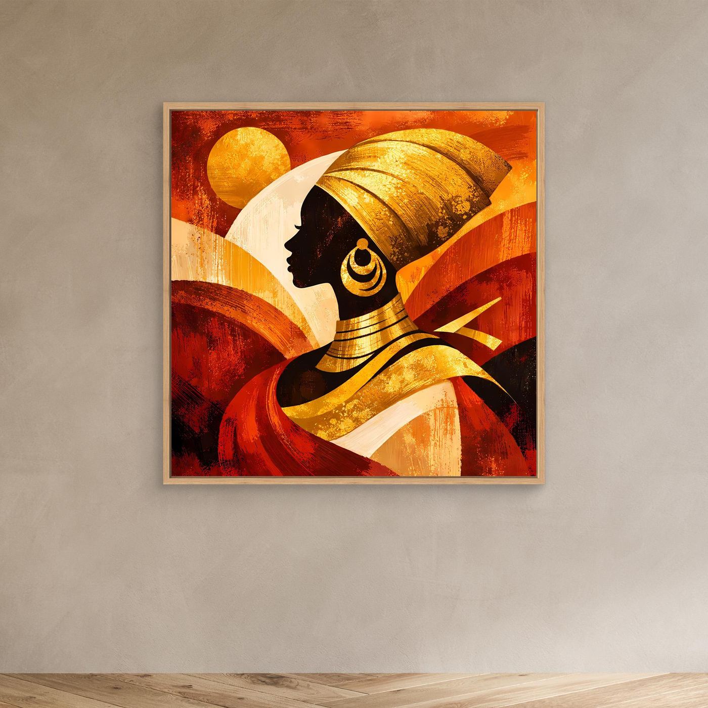 Leinwandbild mit Frauenprofil, goldene Linien und Kreise, im hellbraunen Rahmen