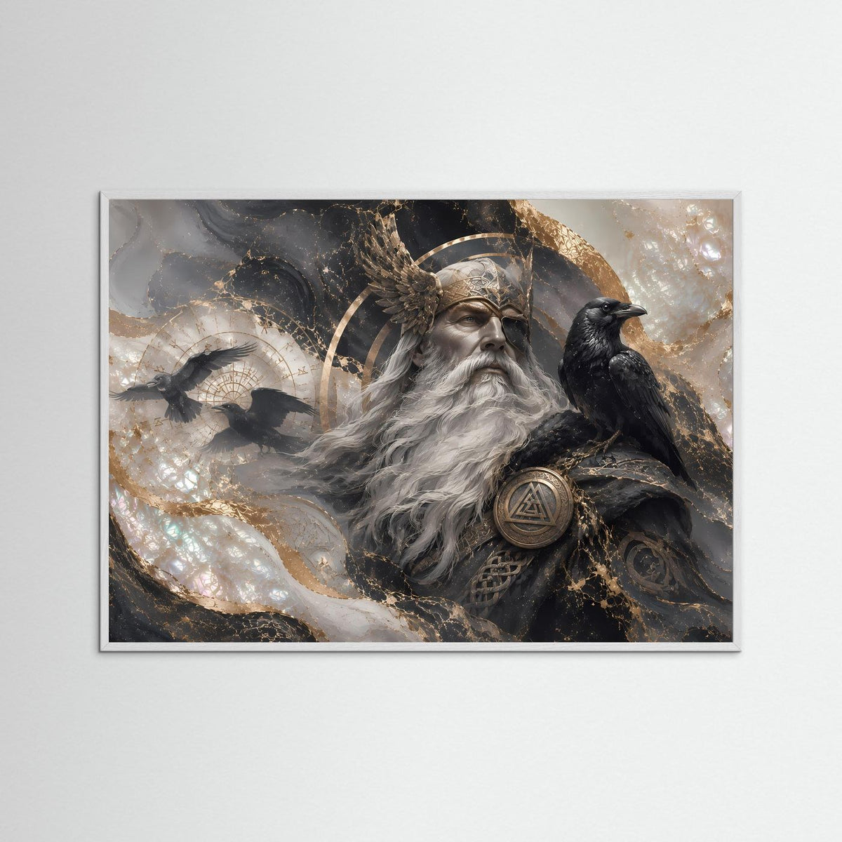 Querformat-Poster mit weißem Rahmen: Odin mit Raben, silberner Bart, goldene Details