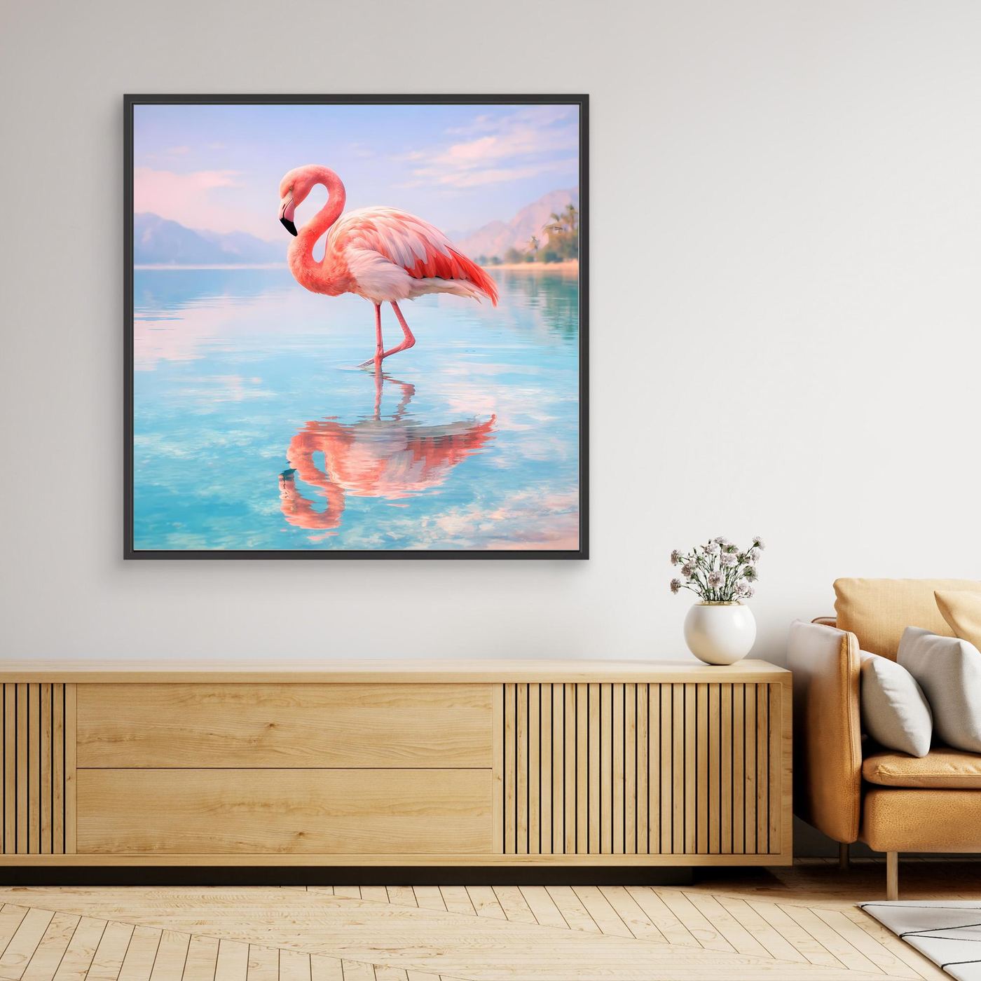 Gerahmtes Leinwand-Wandbild mit Flamingo am See, schwarzer Rahmen