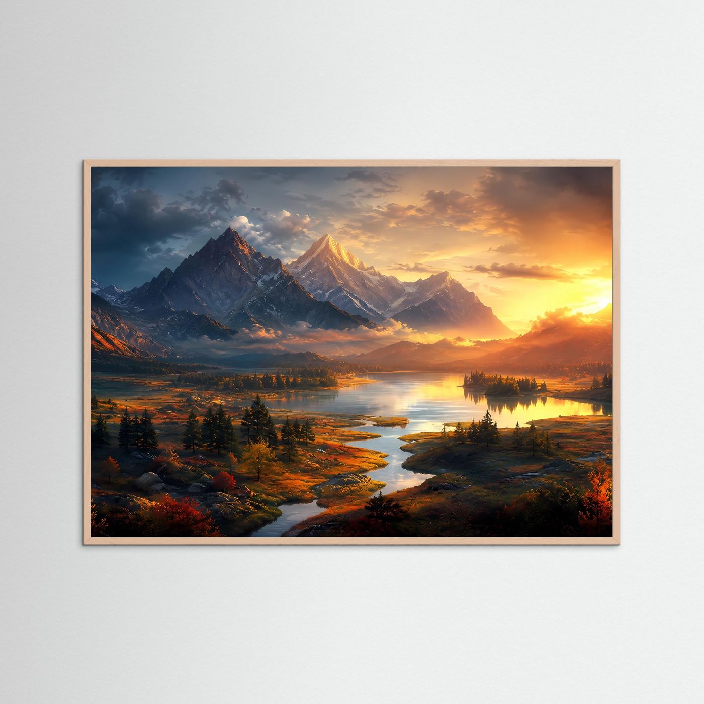Majestätische Alpen am Spiegelsee Poster Querformat | Panorama Berglandschaft bei Sonnenuntergang | Modernes Natur Wandbild
