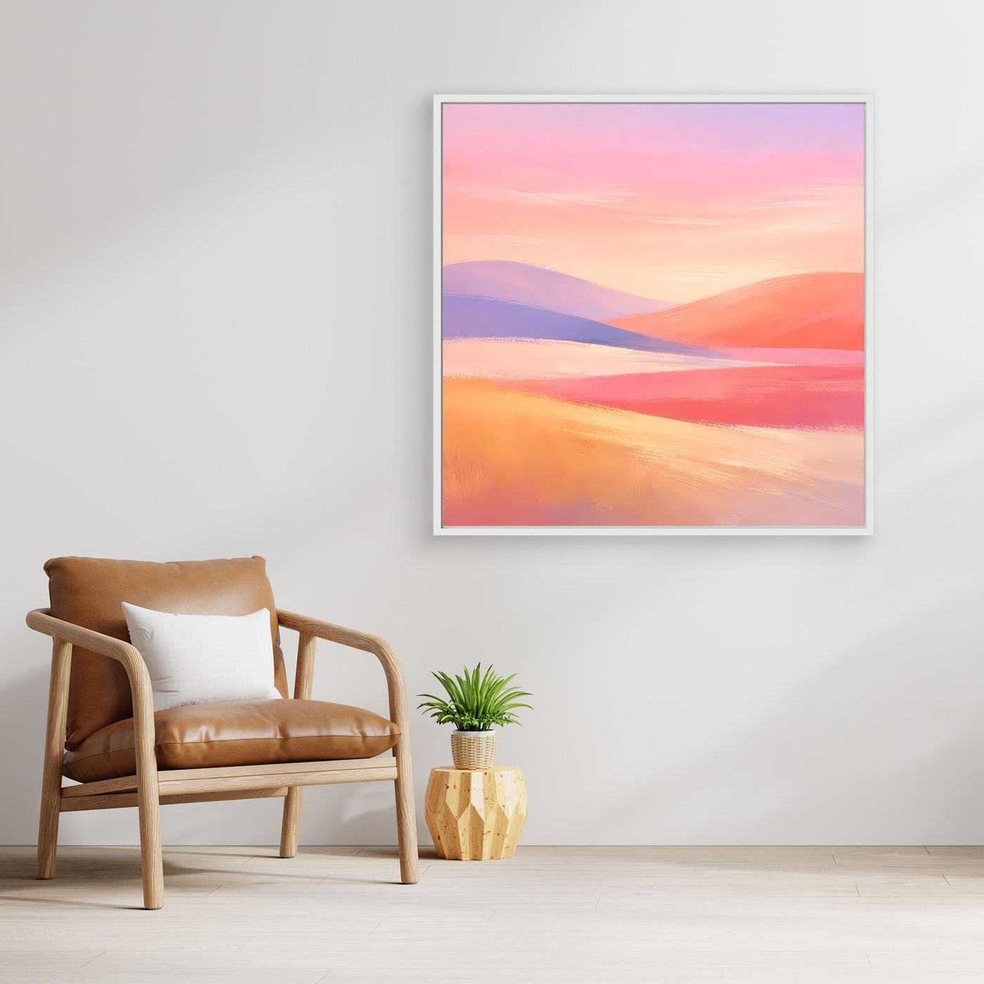 Abstraktes Leinwandbild mit sanfter Hügellandschaft in Pastellfarben, weißer Rahmen