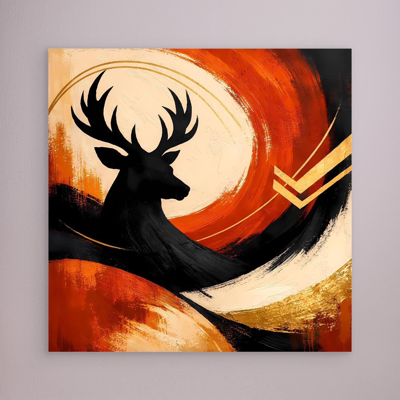 Leinwandbild mit Hirsch-Silhouette im Profil, abstrakte Kreise in Orange und Gold