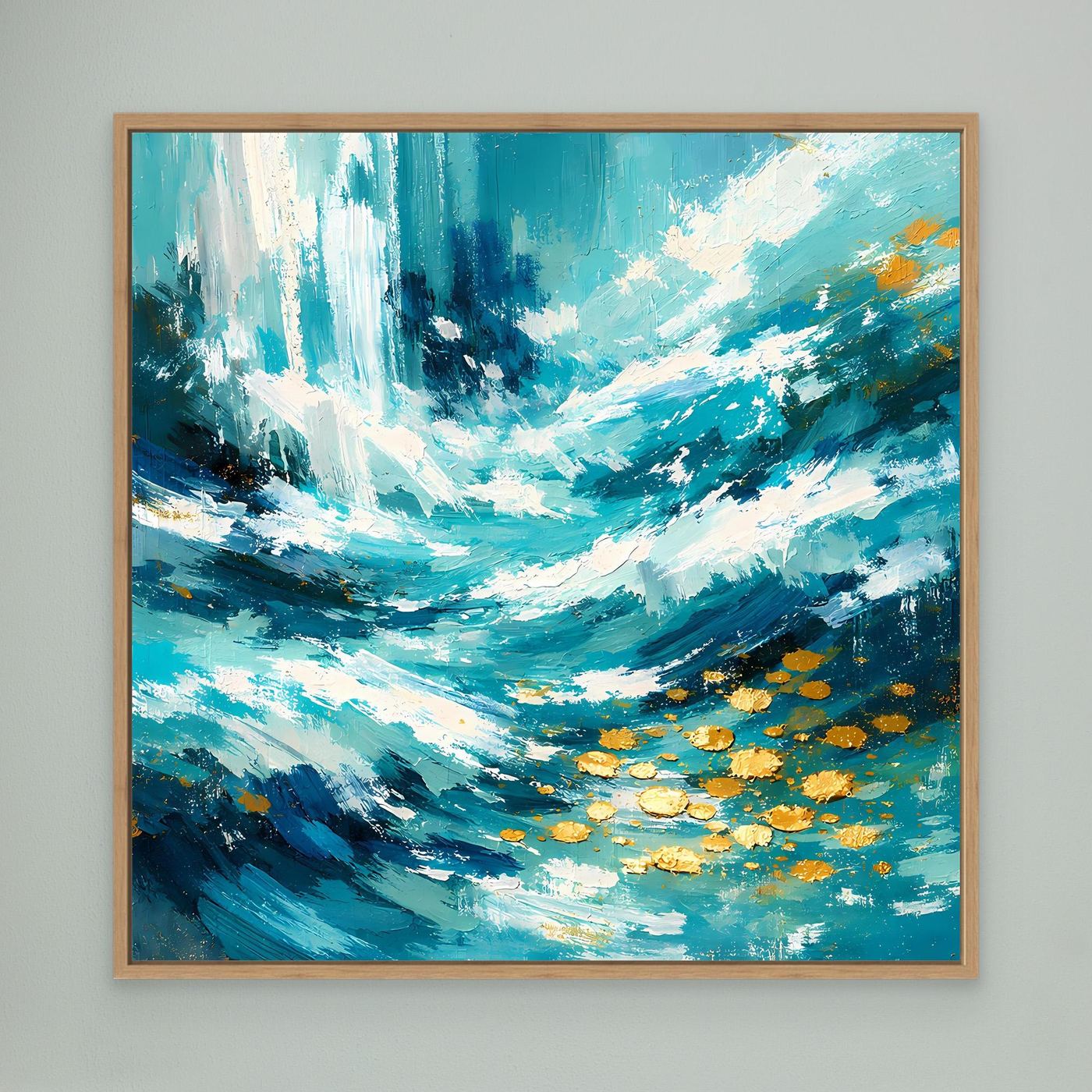 Abstraktes Leinwand-Wandbild mit Holzrahmen, türkisfarbene Wellen und goldene Akzente