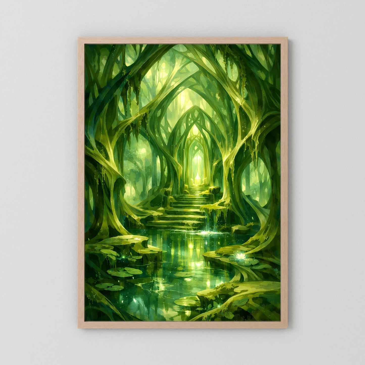 Kunstposter im hellen Holrahmen (Eiche Natur) mit grünem Waldtempel und grünen Reflexen