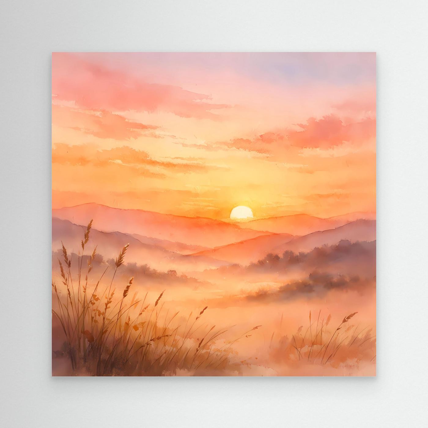 Leinwandbild mit Sonnenuntergang über Bergen, Nebel und Gräsern im warmen Aquarellstil