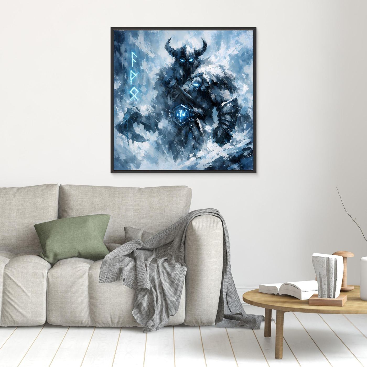 Wandbild mit blau-schwarzem Eis-Krieger-Motiv, schwarzer Rahmen.