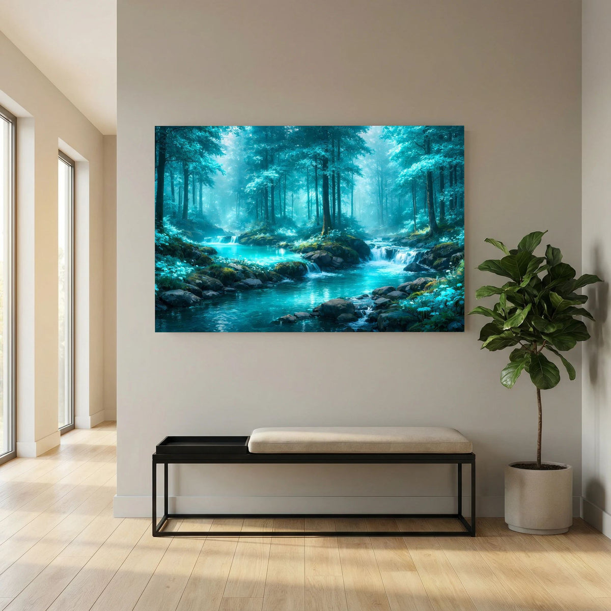 Wandbild im Querformat mit türkisfarbenem Fluss zwischen grünen Bäumen