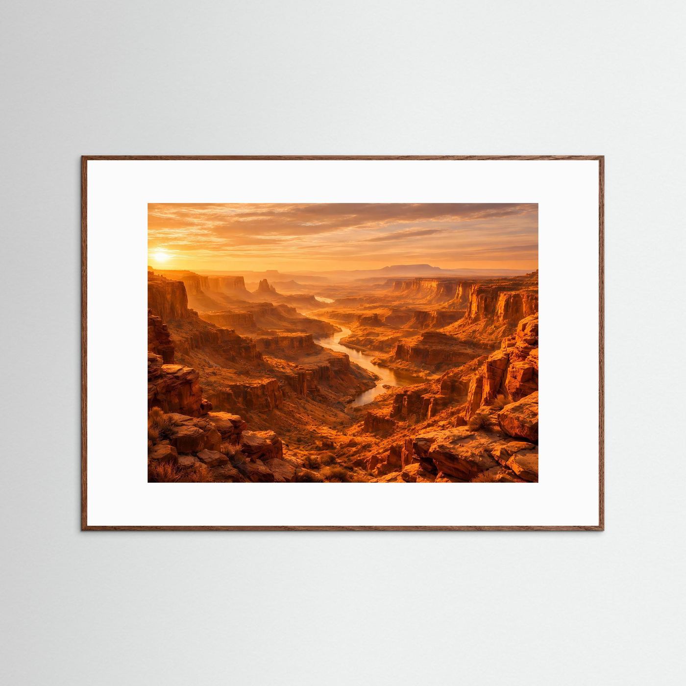 Naturposter Querformat: Canyonlandschaft bei Sonnenuntergang, brauner Holrahmen