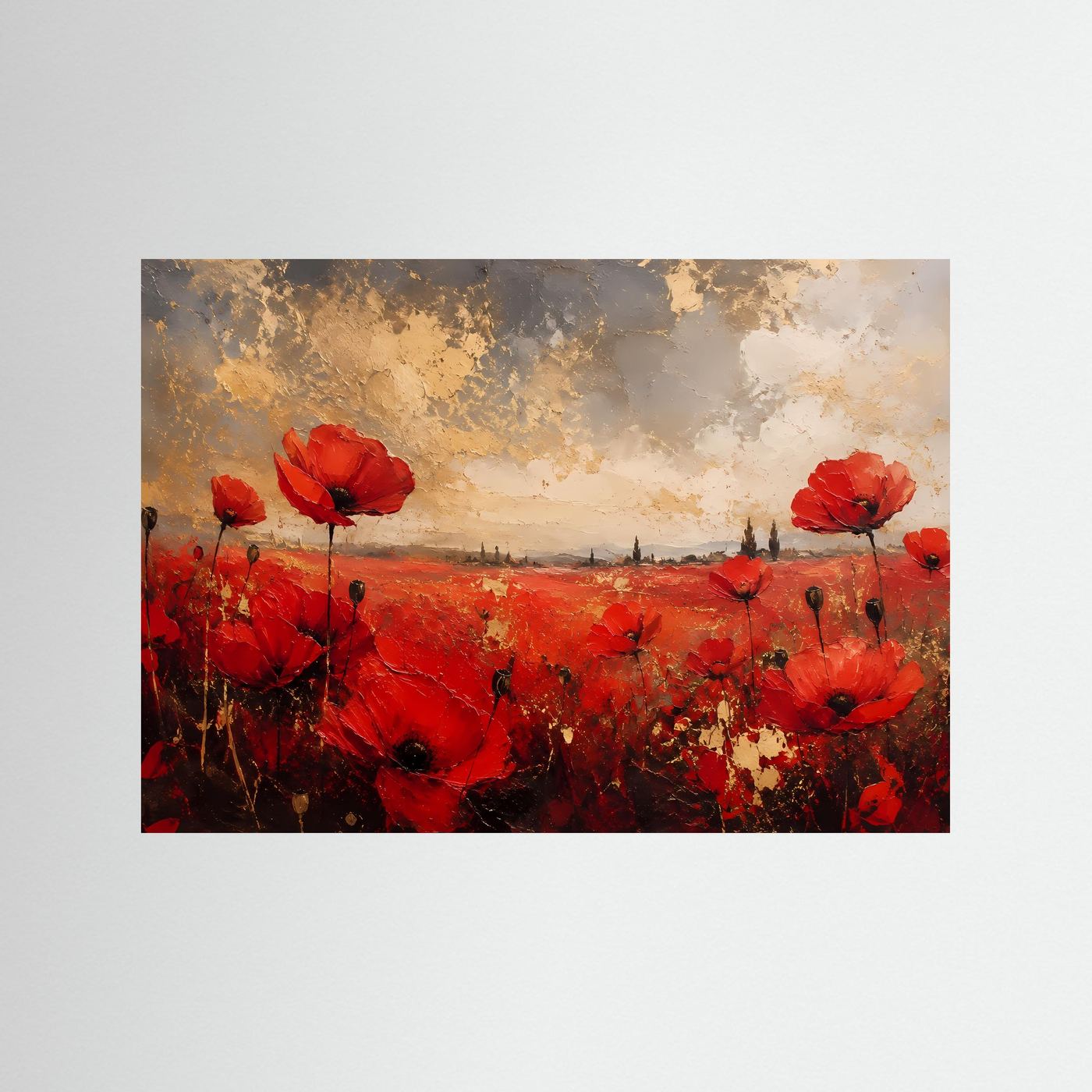 Mohnblumenfeld in Ölfarben | Abstraktes Sommer-Poster in Rot & Gold | Modernes Wandbild Querformat
