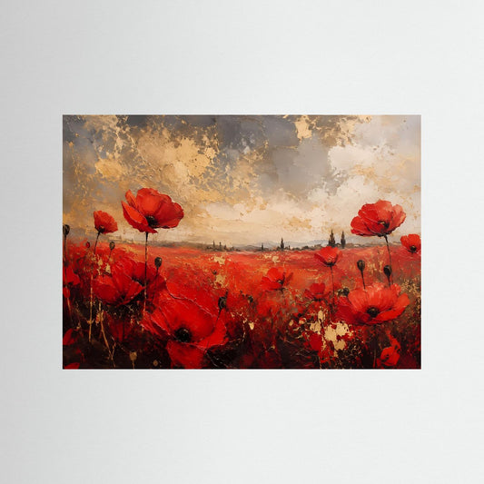 Abstraktes Wandbild mit roten Mohnblumen und goldigem Himmel, Querformat, ohne Rahmen