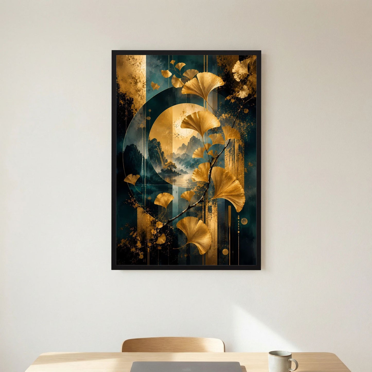 Ginkgo-Poster im Hochformat, schwarzer Rahmen, goldene Blattformen mit Petrol-Akzenten