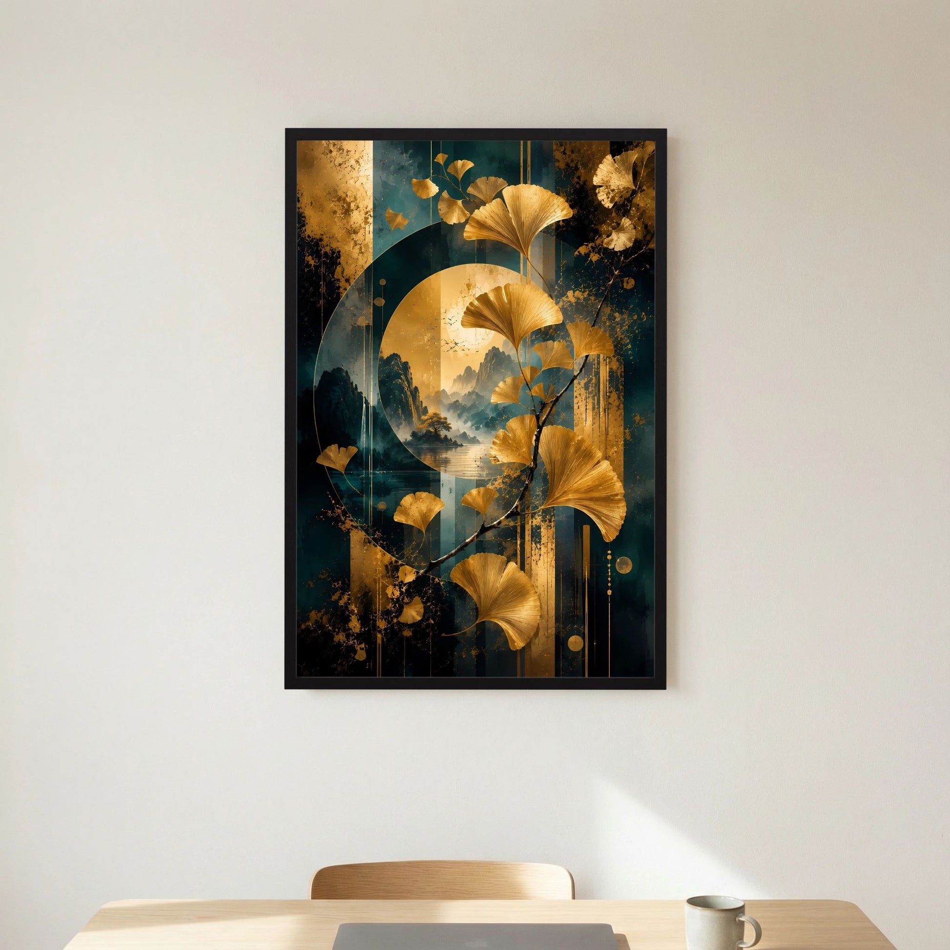 Ginkgo-Poster im Hochformat, schwarzer Rahmen, goldene Blattformen mit Petrol-Akzenten