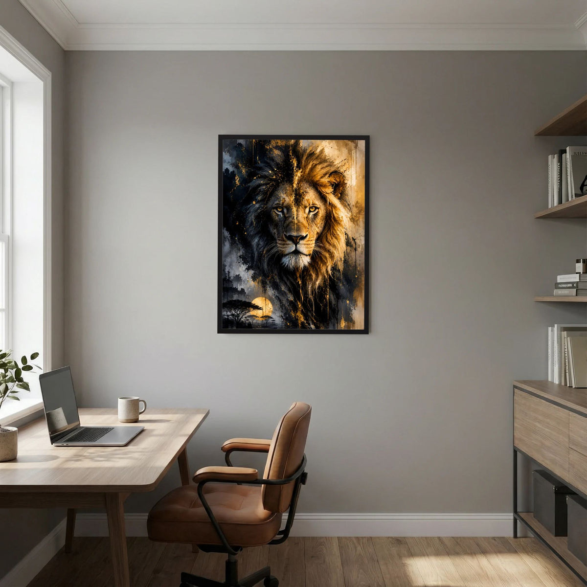 Gerahmtes Löwenposter im Hochformat, abstraktes schwarz-goldenes Löwenporträt