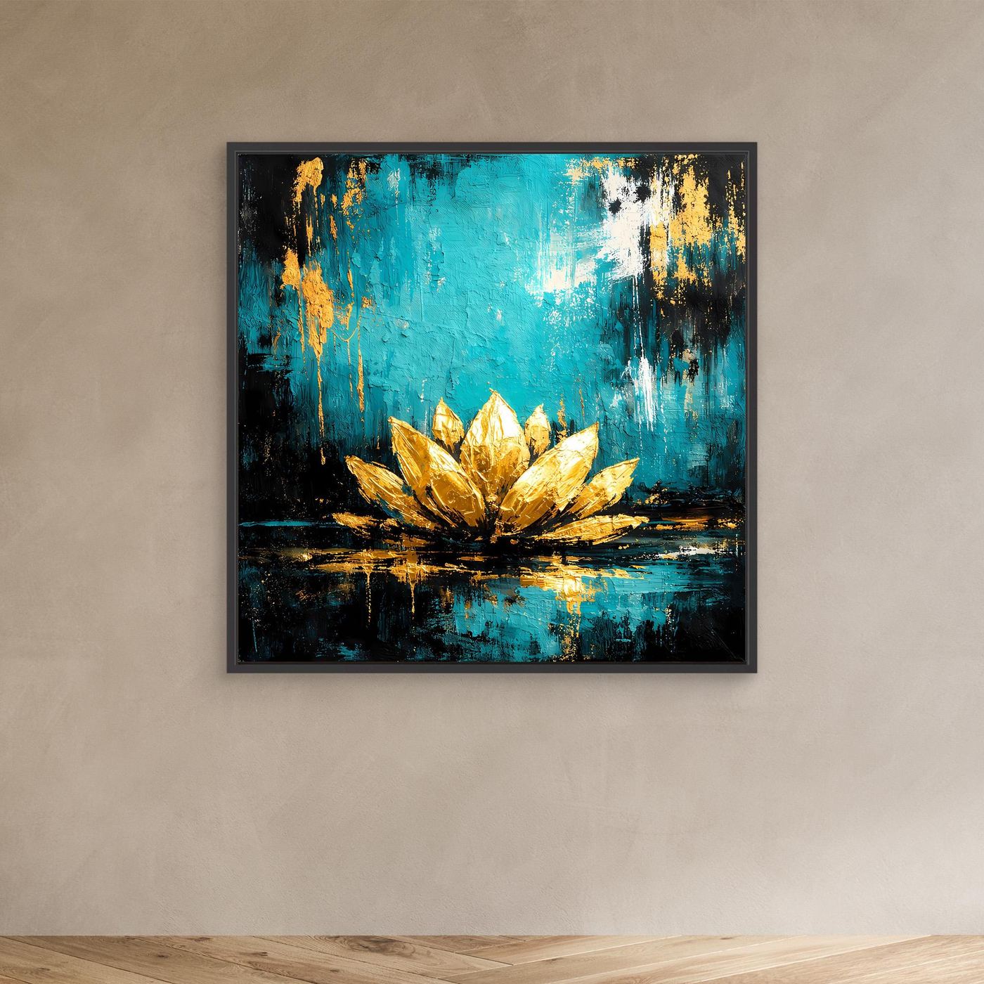 Kleines Leinwand-Wandbild mit goldener Lotusblüte auf Türkis, im schwarzen Rahmen.