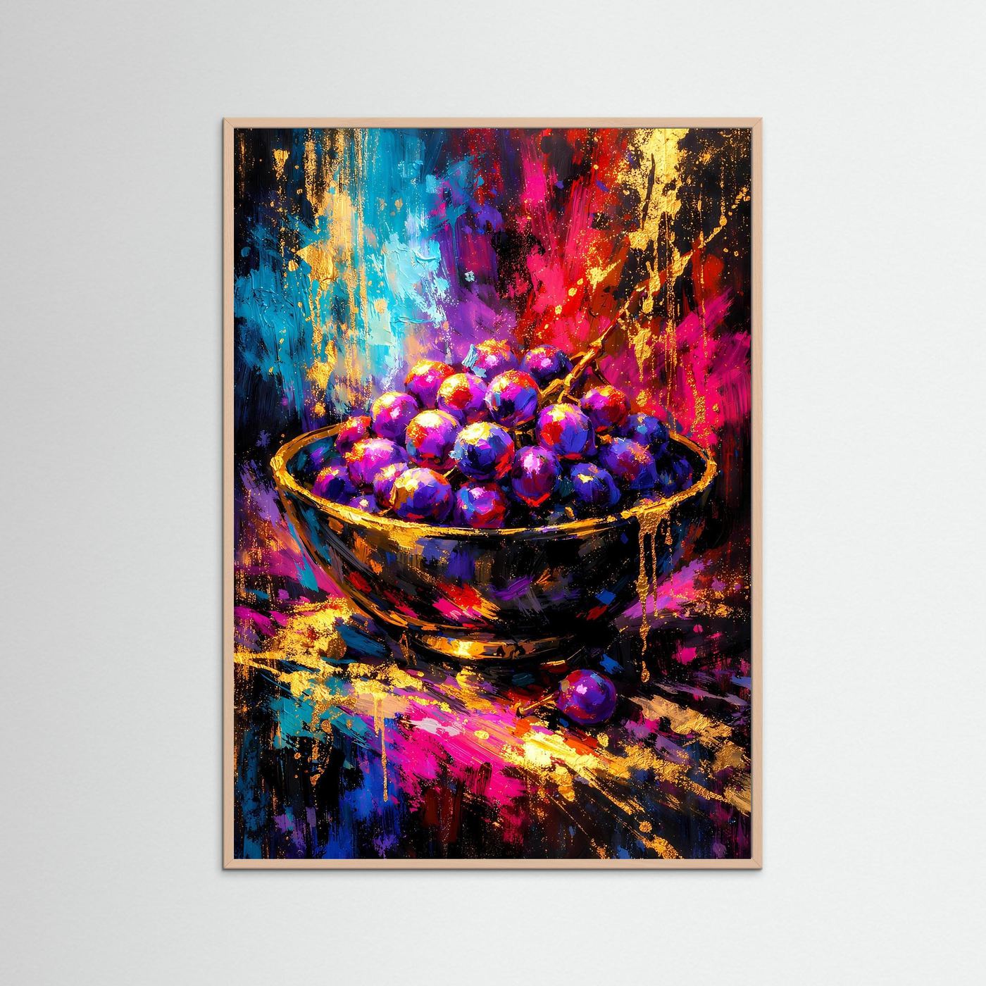 Hochformatiges Kunstposter im rosenfarbenen Rahmen mit Trauben in goldenen und violetten Tönen