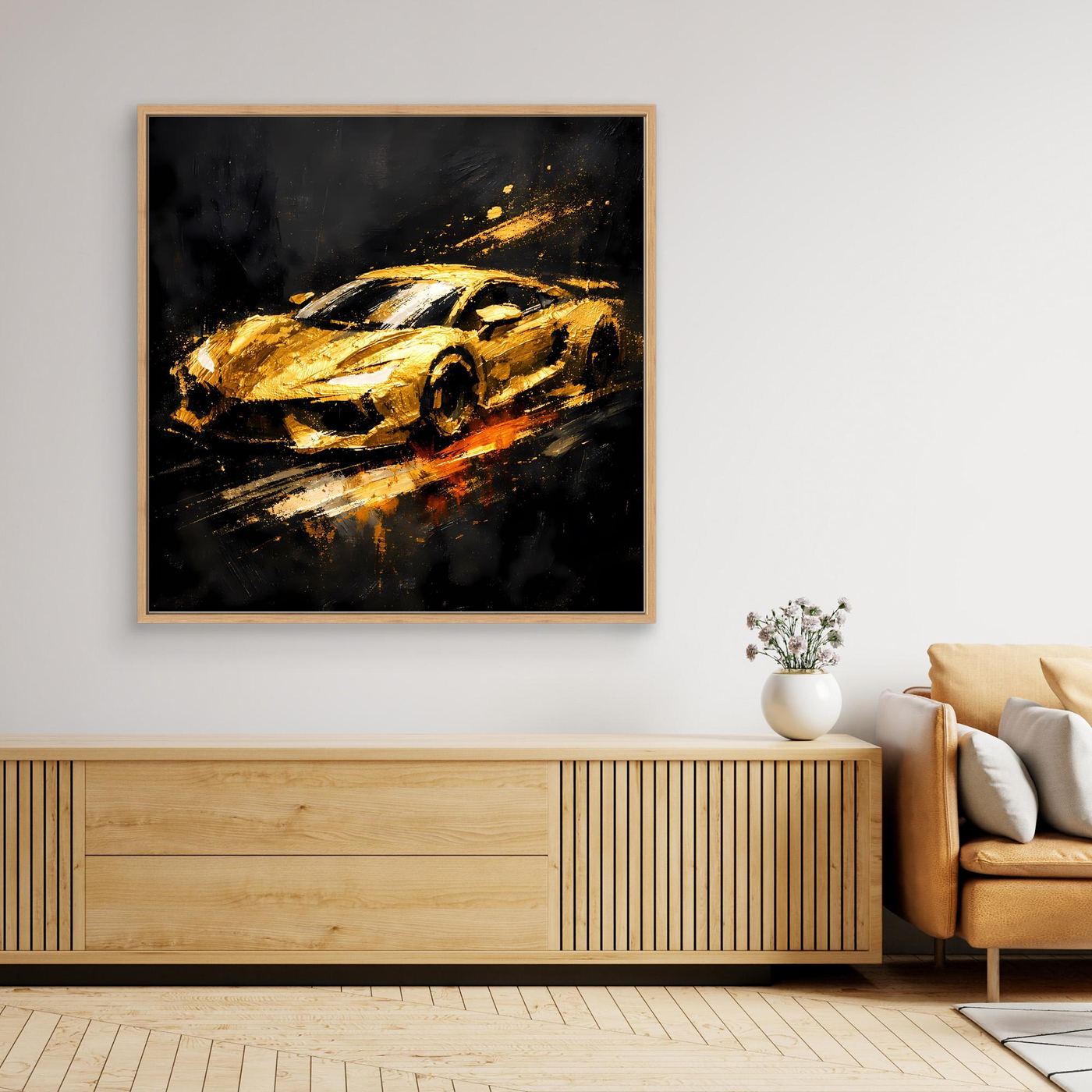 Leinwand Goldener Sportwagen Abstrakt | Modernes Rennwagen Wandbild Schwarz Gold