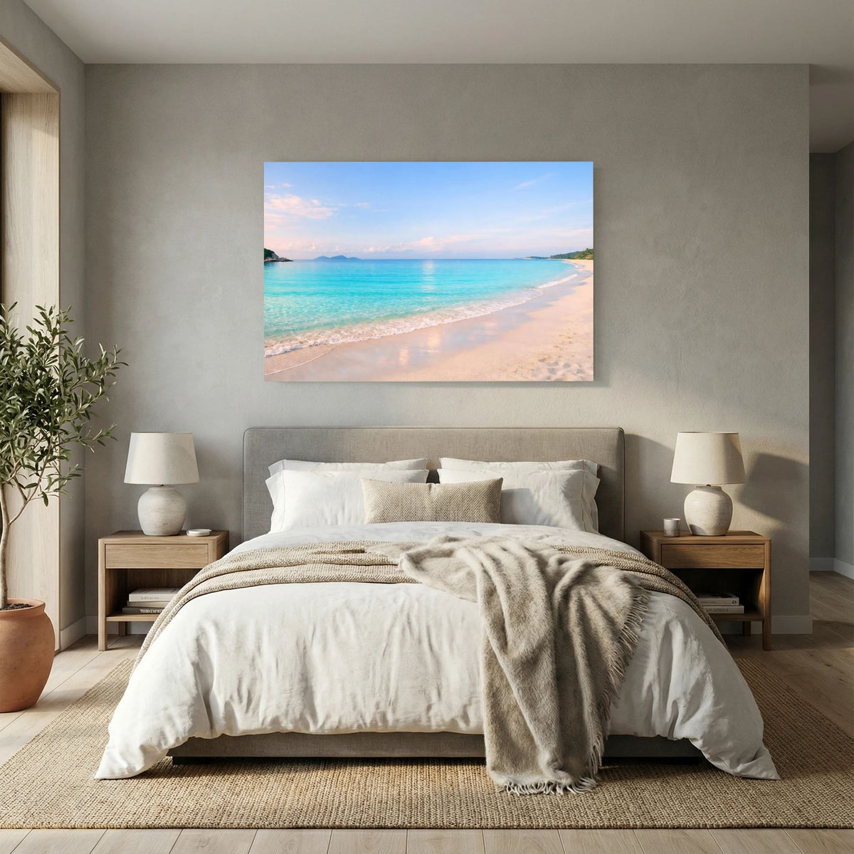 Wandbild im Querformat mit Sandstrand und türkisfarbenem Meer, helles Pastellmotiv.