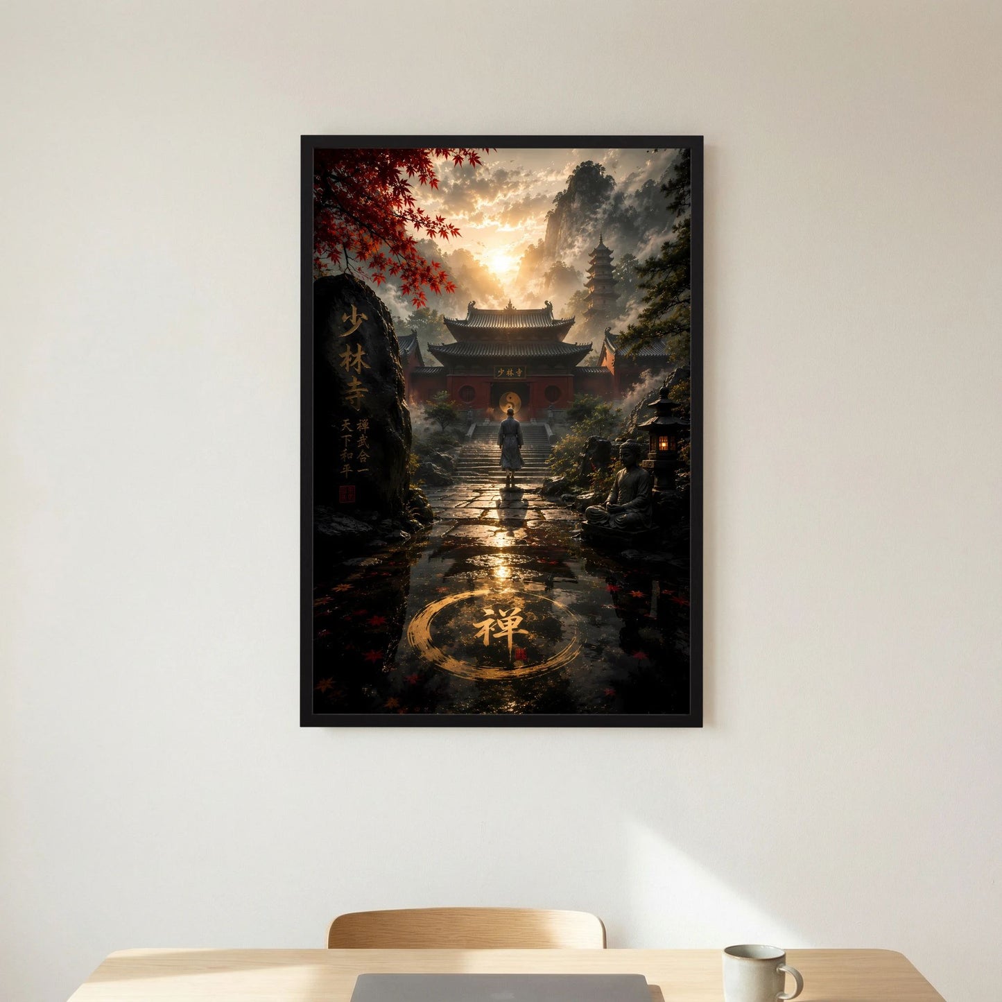 Vertikales Tempel-Poster mit schwarzem Rahmen: goldener Kreis mit Schriftzeichen, Mönch im Hof
