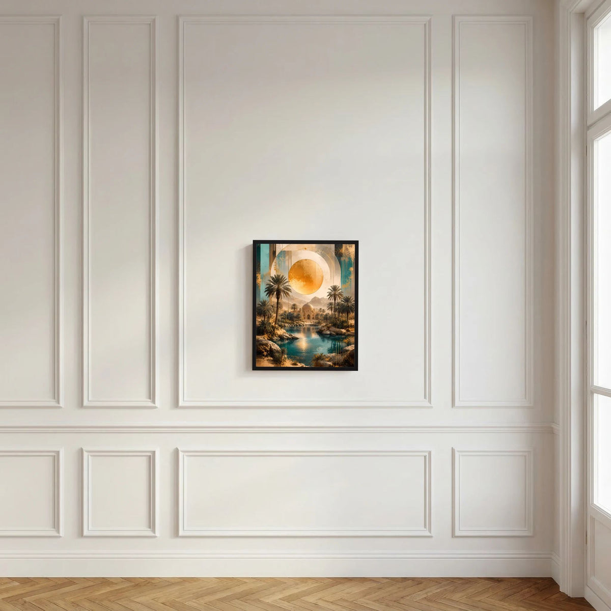 Hochformat-Poster mit goldener Sonne, Palmen und türkisfarbenem Oasensee