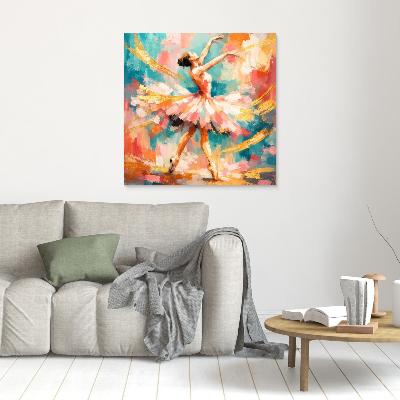 Leinwandbild mit abstrakter Ballerina, buntes Farbspiel, rechteckig ohne Rahmen