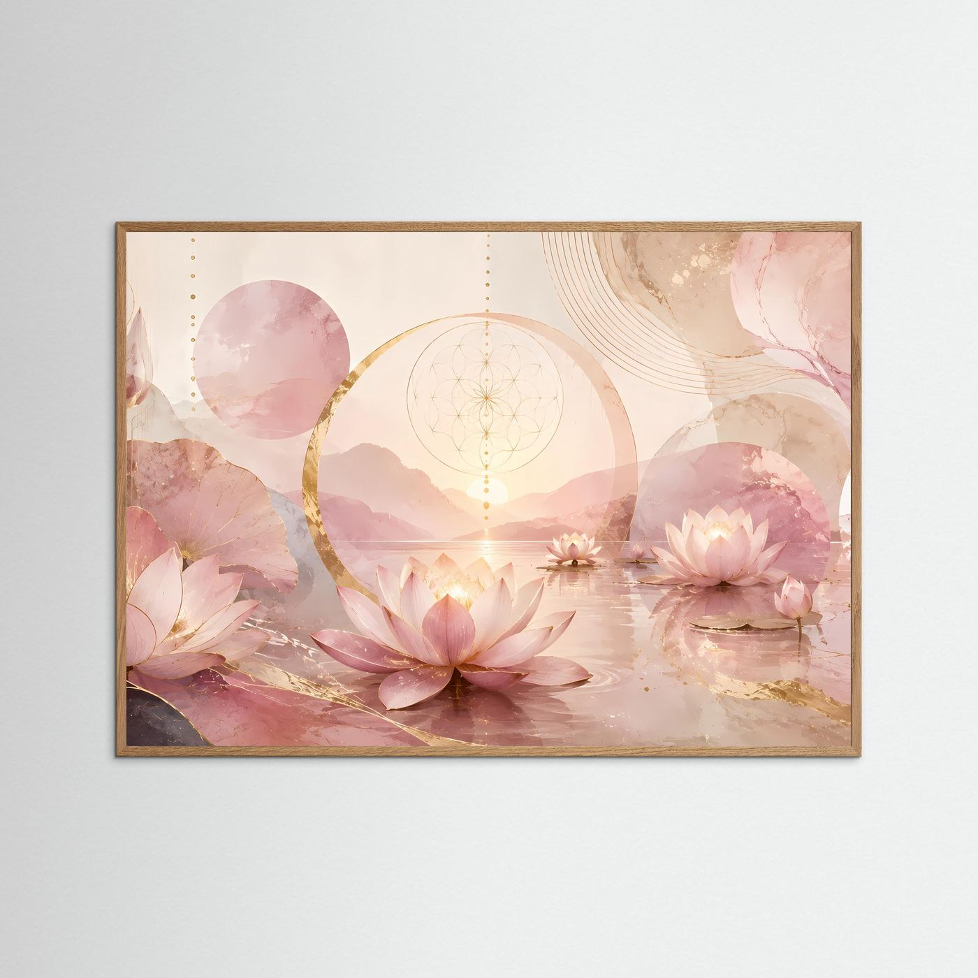 Querformat-Poster im hellen Holrahmen mit Lotusblüten in Rosa und Gold, feinen Linien