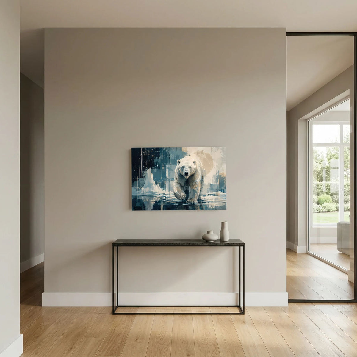 Eisbär-Poster im Querformat mit abstraktem Blau-Beige Motiv, ohne Rahmen