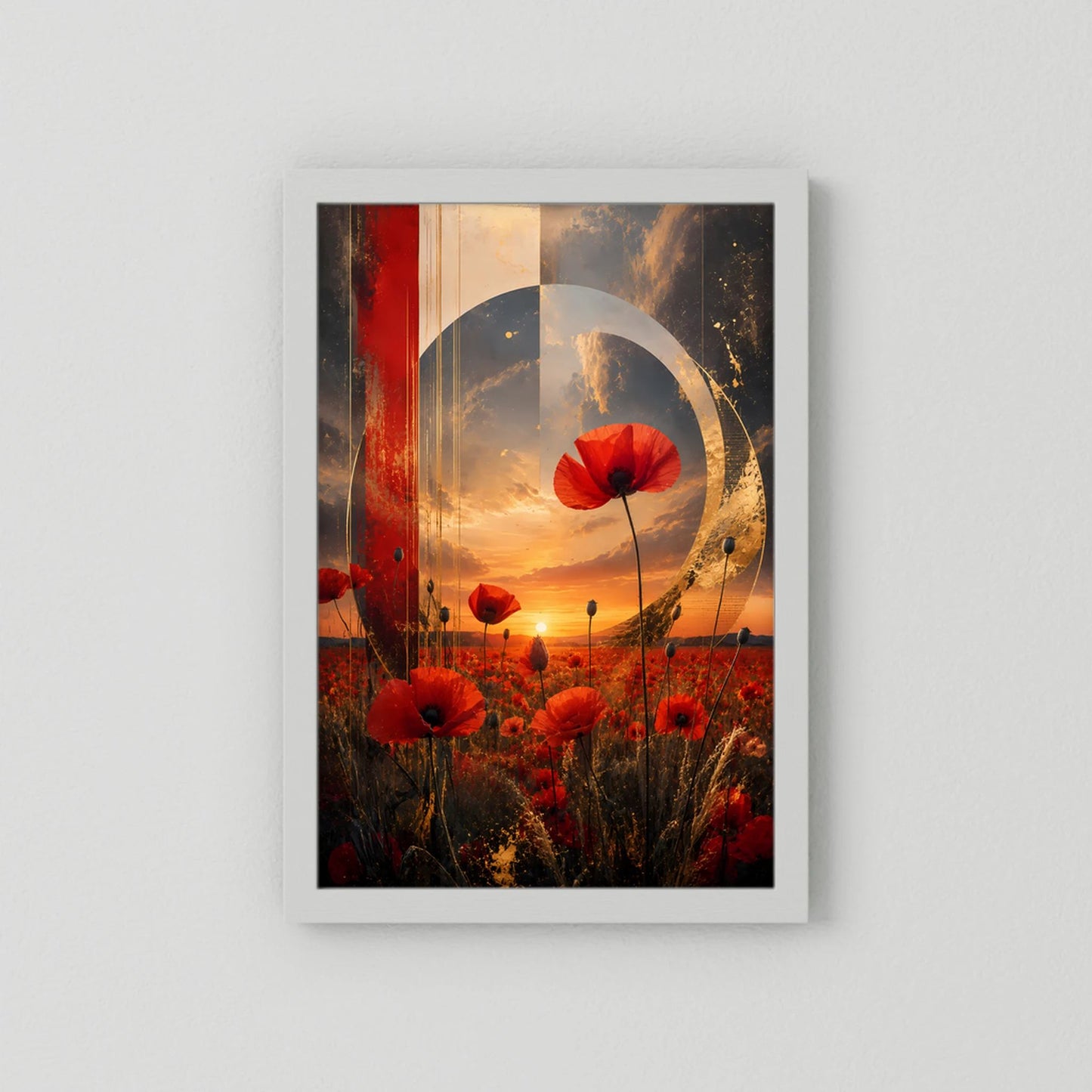 Kunstposter mit abstrakten roten Mohnblumen, goldener Kreisform und Sonnenuntergang, Hochformat.