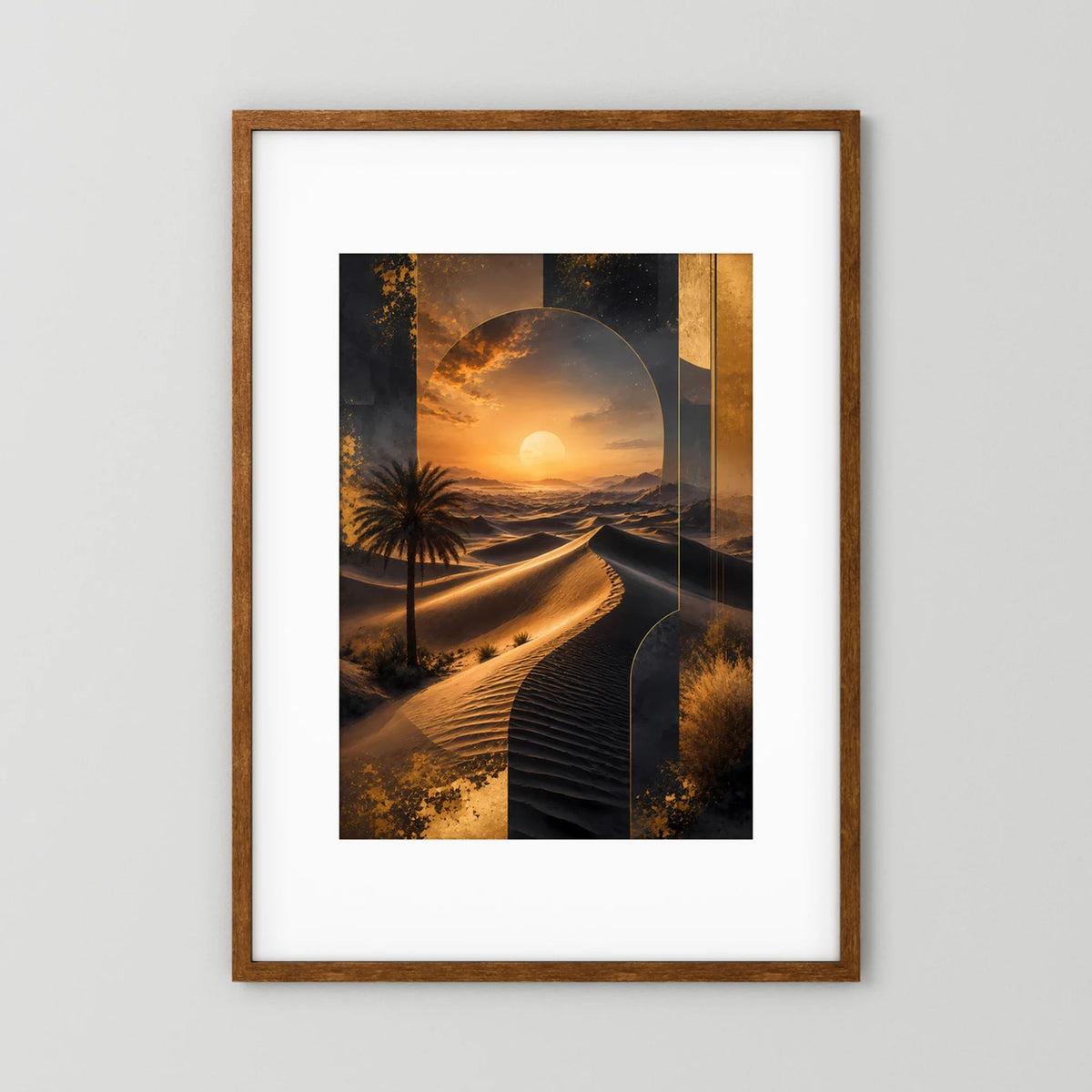 Hochformat-Poster mit abstrakter Dünenlandschaft, goldenes Licht, schwarzer Rahmen aus Holz
